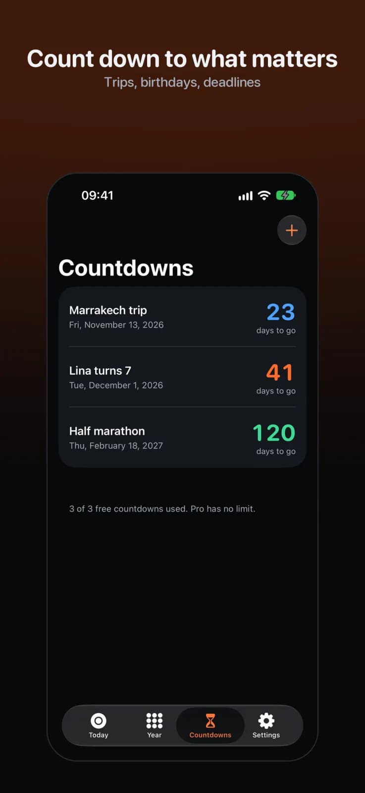 Fold Days on an iPhone: three countdowns, to a trip, a birthday and a half marathon.