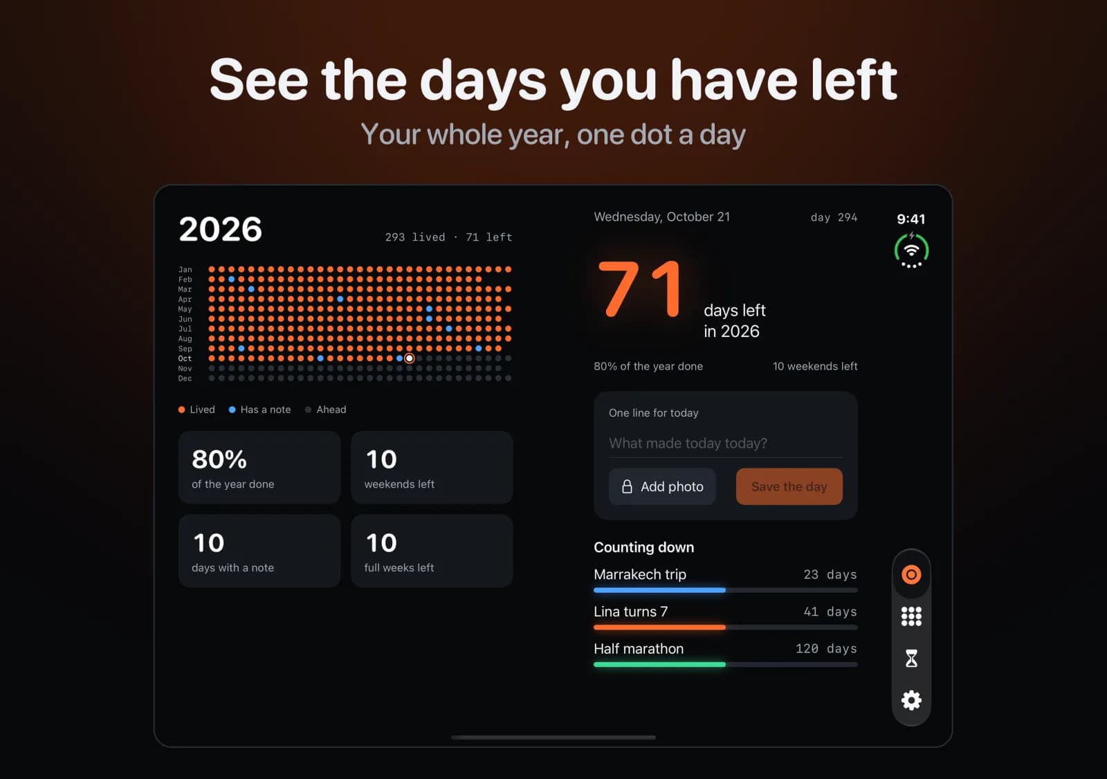 Fold Days on an open iPhone Duo: the year 2026 as orange dots on the left page, and on the right page 71 days left, a line for today and three countdowns.