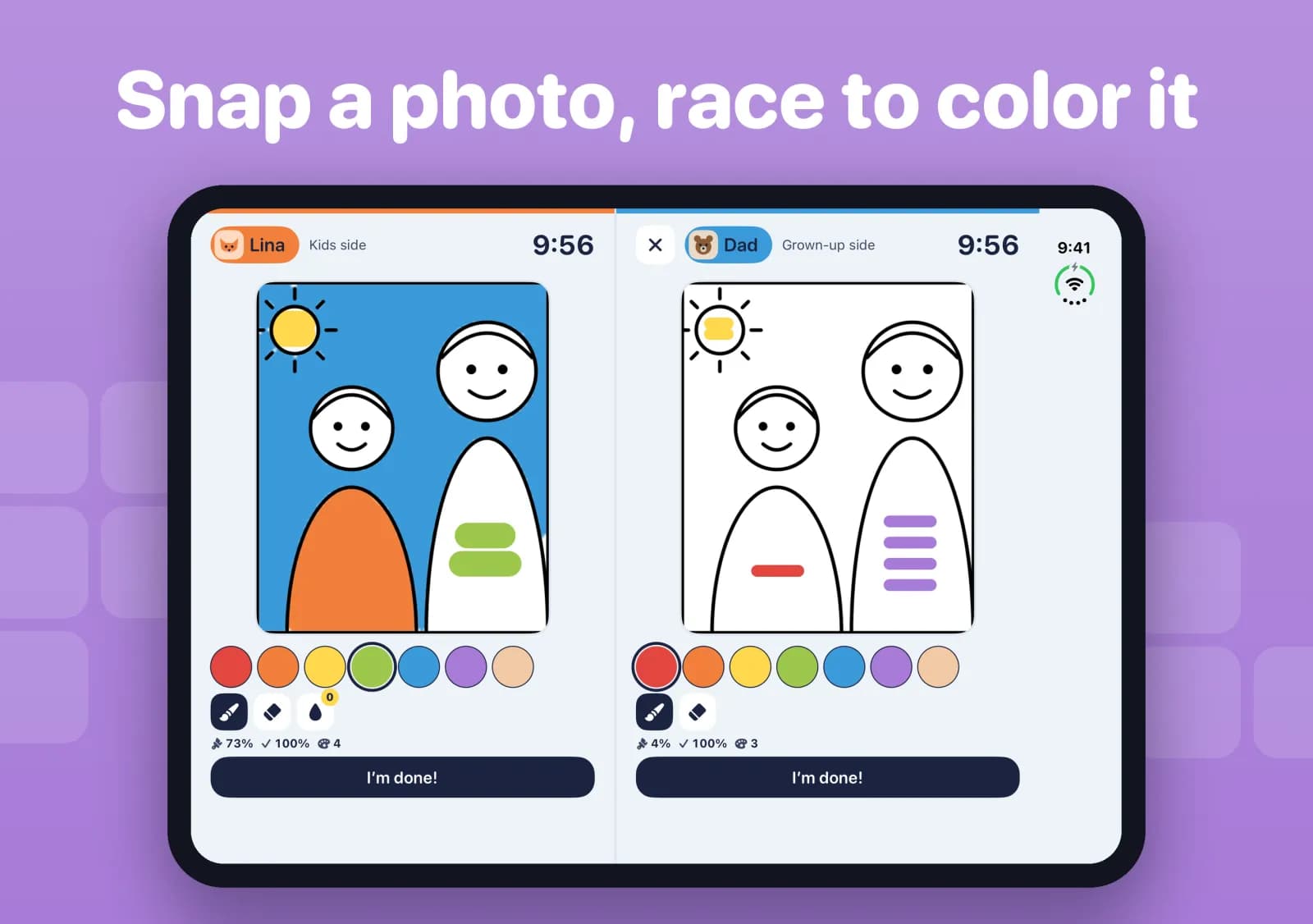 Pose and Color on an open iPhone Duo: the same photo turned into a coloring page on each half, with Lina and Dad coloring it at once.