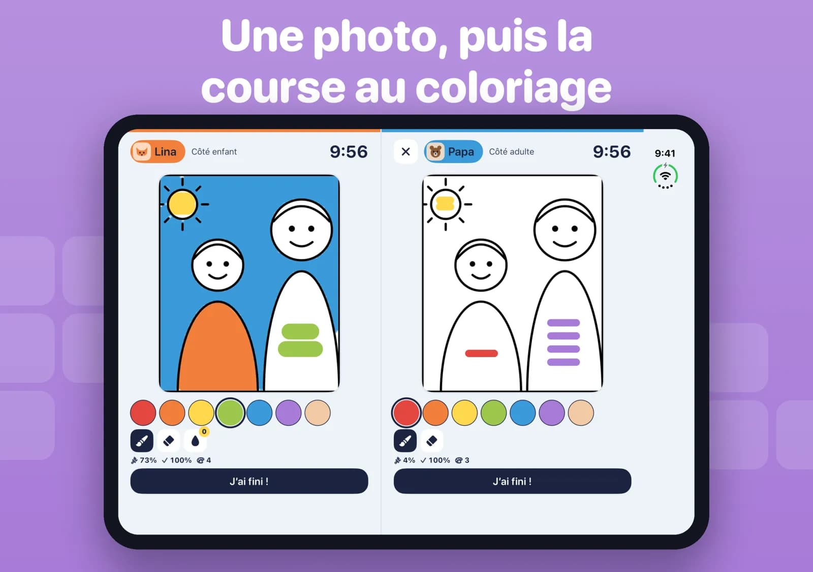 Pose and Color sur un iPhone Duo ouvert : la même photo devenue coloriage sur chaque moitié, Lina et Papa la colorient en même temps.