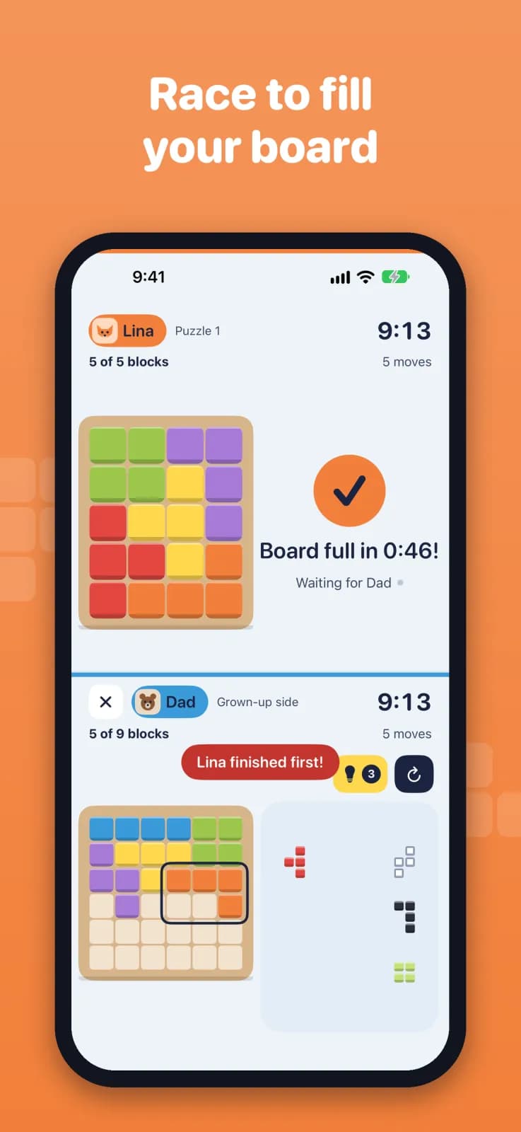 Two Peas on an iPhone: Lina has filled her board and the game waits for Dad to finish his.