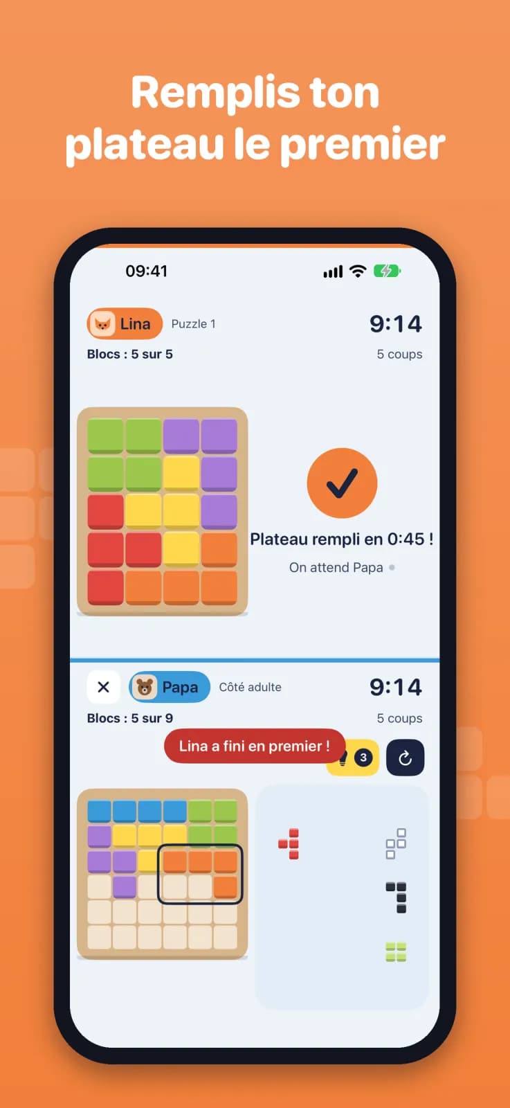 Two Peas sur un iPhone : Lina a rempli son plateau et le jeu attend que Papa finisse le sien.