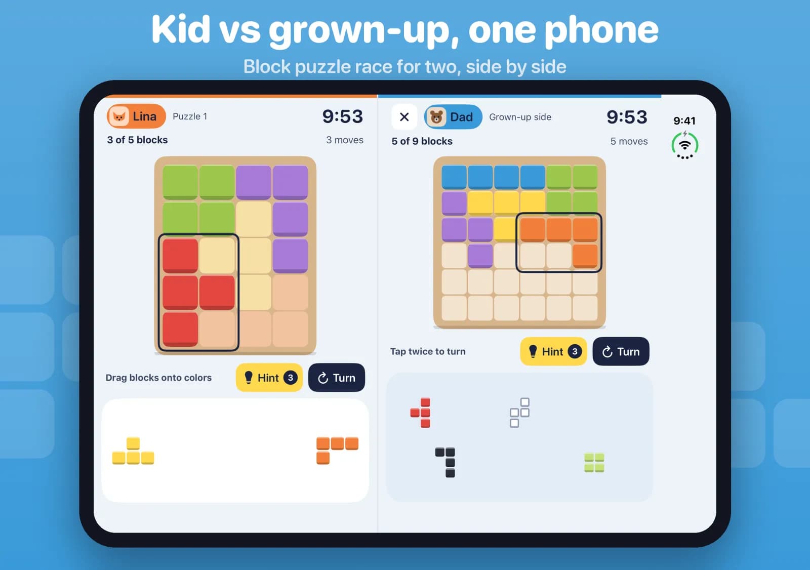 Two Peas on an open iPhone Duo: a kid named Lina on the left half and Dad on the right half, each filling a block puzzle board at the same time.