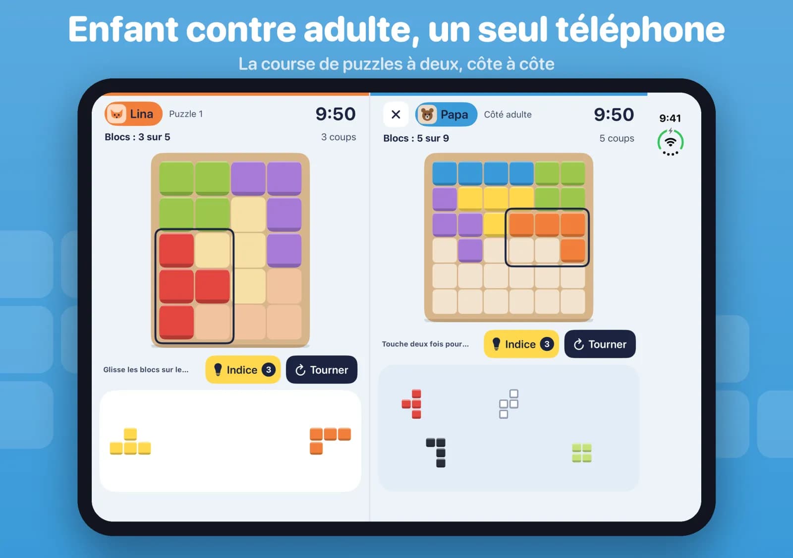 Two Peas sur un iPhone Duo ouvert : une enfant, Lina, sur la moitié gauche et Papa sur la moitié droite, chacun remplit un plateau de blocs en même temps.