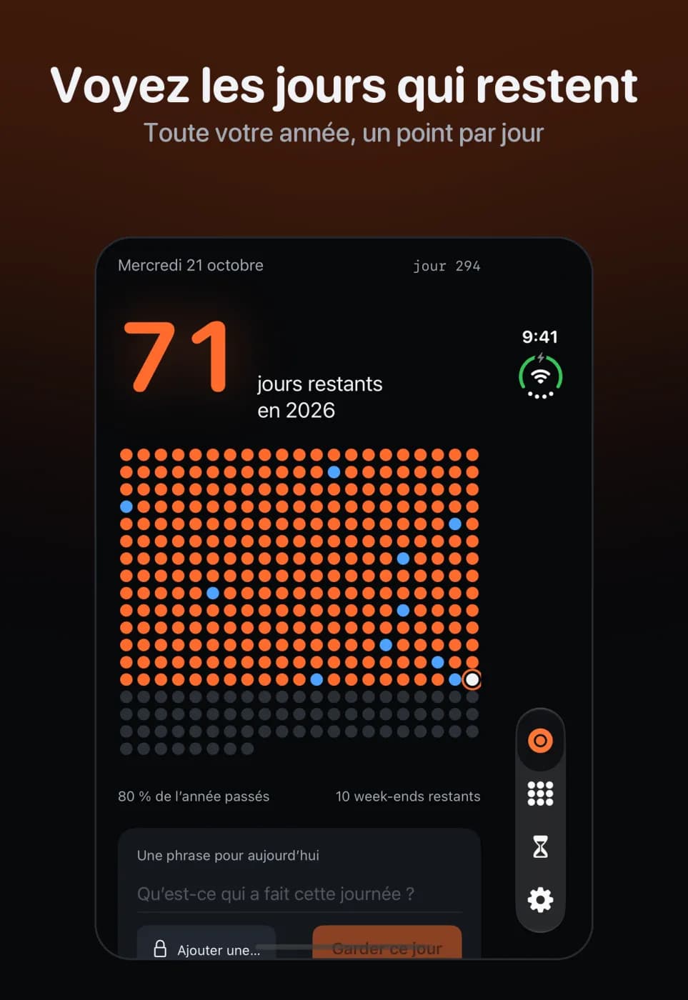 Fold Days sur l'écran extérieur d'un iPhone Duo fermé : 71 jours restants en 2026 au-dessus de l'année en points.