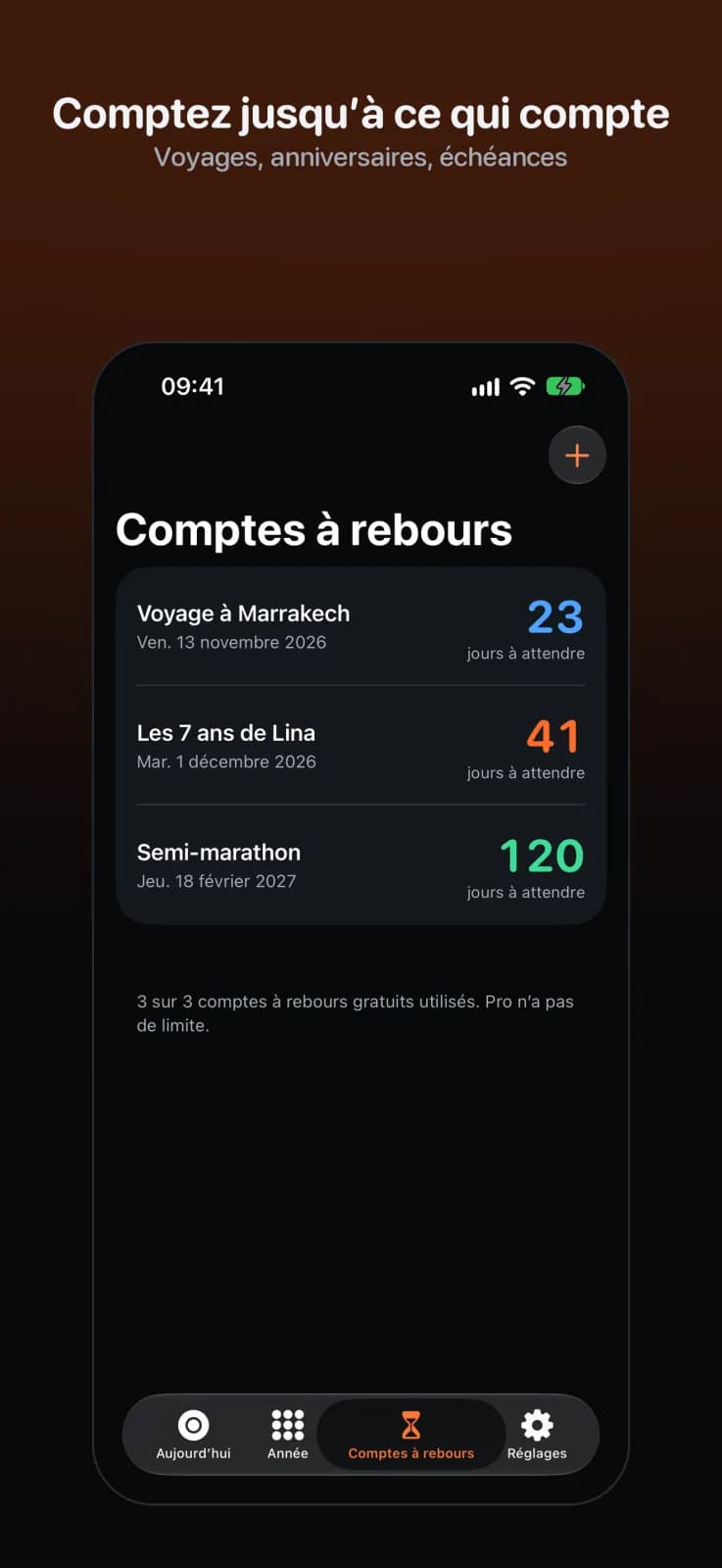 Fold Days sur un iPhone : trois comptes à rebours, vers un voyage, un anniversaire et un semi-marathon.
