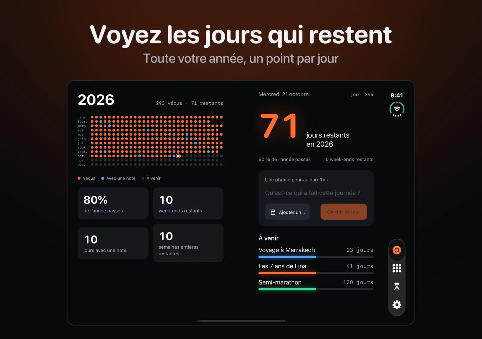 Fold Days sur un iPhone Duo ouvert : l'année 2026 en points orange sur la page de gauche, et sur la page de droite 71 jours restants, une phrase pour aujourd'hui et trois comptes à rebours.
